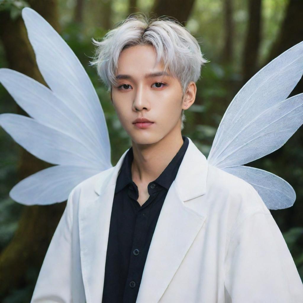 Recreate Lee Heeseung from Enhypen, capturing his unique features and style, complete with delicate white fairy wings, standing in a mystically enchanting forest with glowingly vibrant plants and ancient, magical trees.