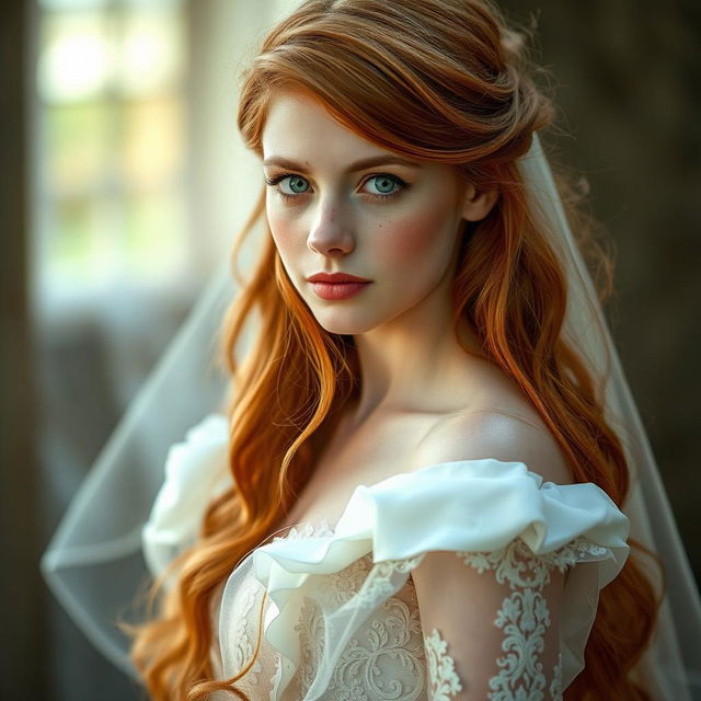A stunning girl with long ginger hair cascading over her shoulders, showcasing her white skin adorned with delicate freckles