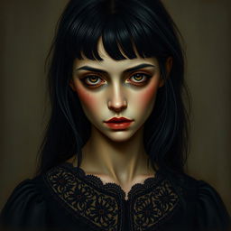 A dark-skinned woman with black hair styled in bangs, wearing a black dress adorned with intricate lace