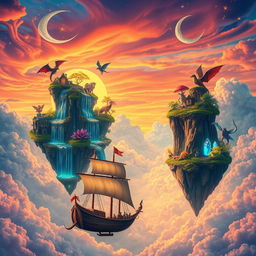 A whimsical and fantastical scene featuring floating islands in a vibrant sunset sky