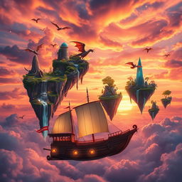 A whimsical and fantastical scene featuring floating islands in a vibrant sunset sky