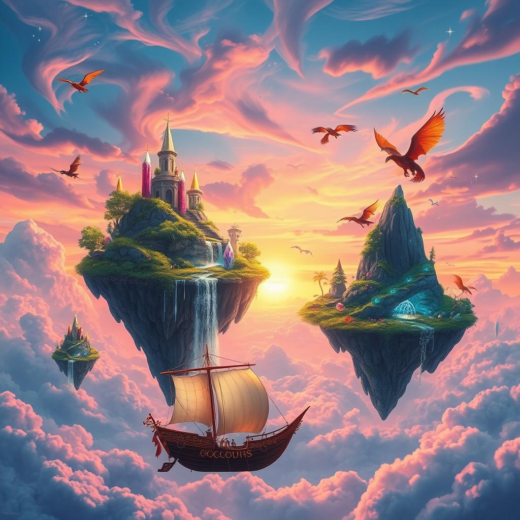 A whimsical and fantastical scene featuring floating islands in a vibrant sunset sky