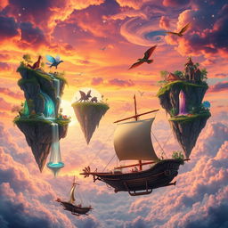 A whimsical and fantastical scene featuring floating islands in a vibrant sunset sky