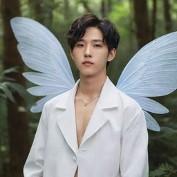 Recreate Lee Heeseung from Enhypen, capturing his unique features and style, complete with delicate white fairy wings, standing in a mystically enchanting forest with glowingly vibrant plants and ancient, magical trees.