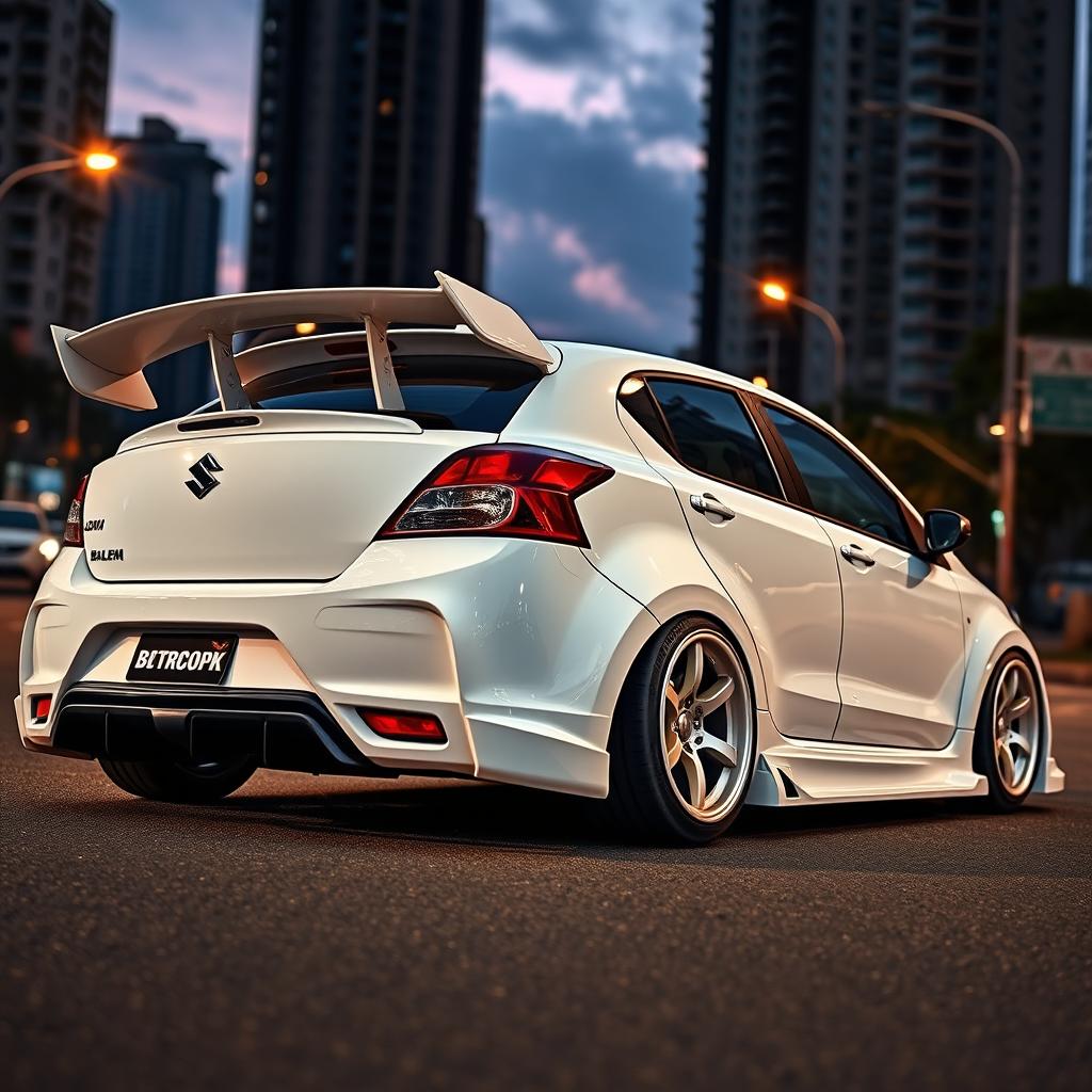 Maruti Suzuki Baleno in crisp white color, heavily modified with a prominent wing spoiler and a striking rear diffuser