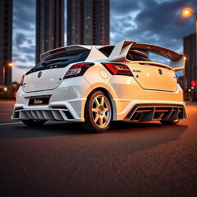 Maruti Suzuki Baleno in crisp white color, heavily modified with a prominent wing spoiler and a striking rear diffuser