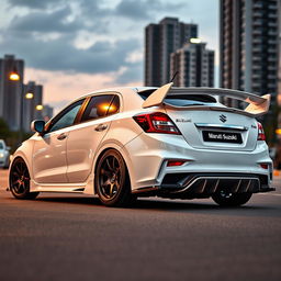 Maruti Suzuki Baleno in crisp white color, heavily modified with a prominent wing spoiler and a striking rear diffuser