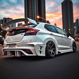 Maruti Suzuki Baleno in crisp white color, heavily modified with a prominent wing spoiler and a striking rear diffuser