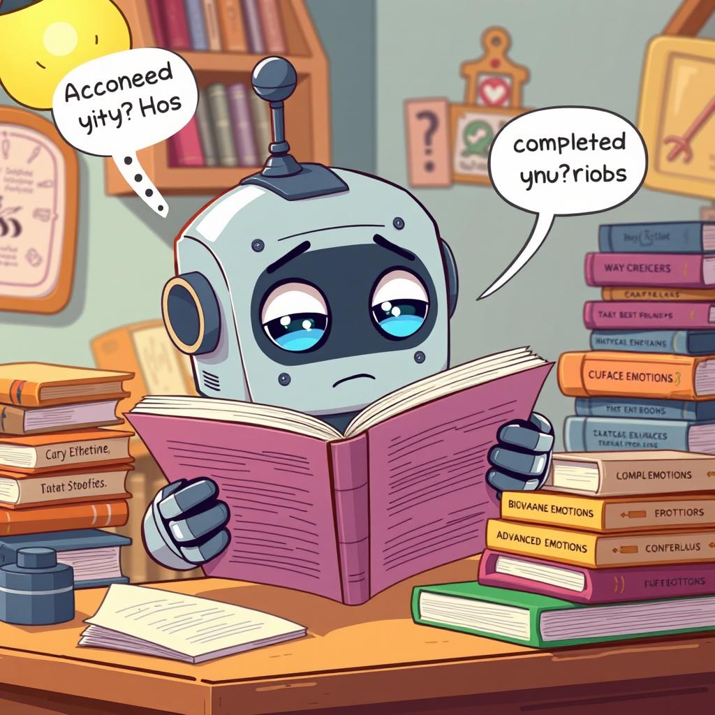 A humorous illustration of a cute robot trying to understand a complicated book, with exaggerated facial expressions showing confusion