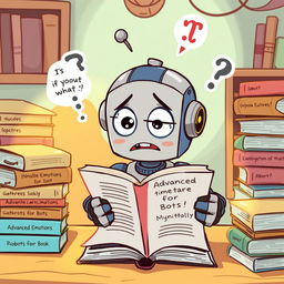 A humorous illustration of a cute robot trying to understand a complicated book, with exaggerated facial expressions showing confusion