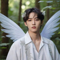 Recreate Lee Heeseung from Enhypen, capturing his unique features and style, complete with delicate white fairy wings, standing in a mystically enchanting forest with glowingly vibrant plants and ancient, magical trees.