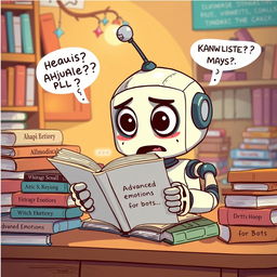 A humorous illustration of a cute robot trying to understand a complicated book, with exaggerated facial expressions showing confusion