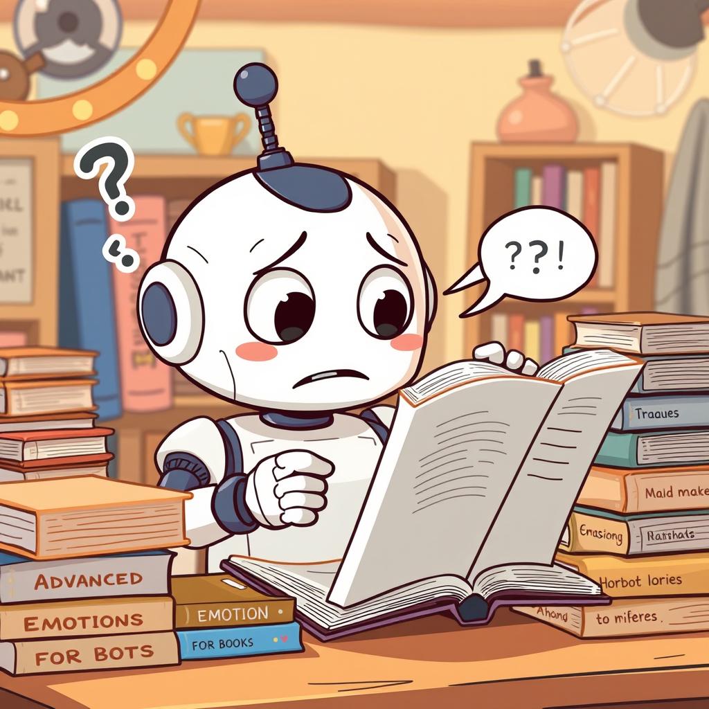 A humorous illustration of a cute robot trying to understand a complicated book, with exaggerated facial expressions showing confusion