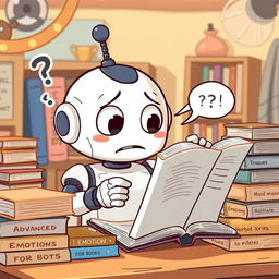 A humorous illustration of a cute robot trying to understand a complicated book, with exaggerated facial expressions showing confusion