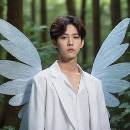 Recreate Lee Heeseung from Enhypen, capturing his unique features and style, complete with delicate white fairy wings, standing in a mystically enchanting forest with glowingly vibrant plants and ancient, magical trees.