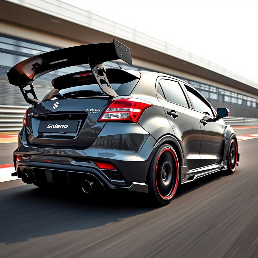 Maruti Suzuki Baleno heavily modified with a McLaren-type wing spoiler and an aggressive rear diffuser