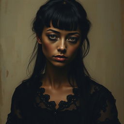 A dark-skinned woman with black hair styled in bangs, dressed in a black lace dress