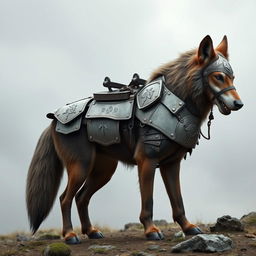 A powerful dire wolf with unique flappy ears, clad in a fold-out style plate armored saddle and bridle engineered by a skilled artificer