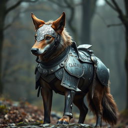 A powerful dire wolf with unique flappy ears, clad in a fold-out style plate armored saddle and bridle engineered by a skilled artificer