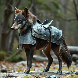 A powerful dire wolf with unique flappy ears, clad in a fold-out style plate armored saddle and bridle engineered by a skilled artificer