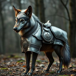 A powerful dire wolf with unique flappy ears, clad in a fold-out style plate armored saddle and bridle engineered by a skilled artificer