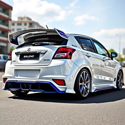 A stunning Suzuki Baleno featuring a wide body kit, highlighting its aggressive rear spoiler wing and aerodynamic rear diffuser