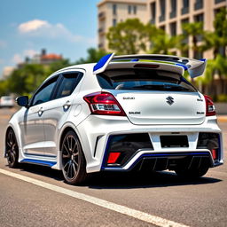 A stunning Suzuki Baleno featuring a wide body kit, highlighting its aggressive rear spoiler wing and aerodynamic rear diffuser