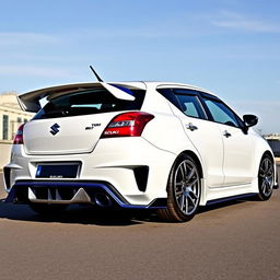 A stunning Suzuki Baleno featuring a wide body kit, highlighting its aggressive rear spoiler wing and aerodynamic rear diffuser