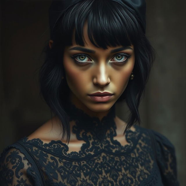 A dark-skinned woman with black hair styled in bangs, clad in an elegant black lace dress