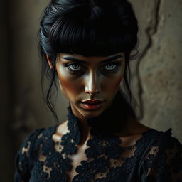 A dark-skinned woman with black hair styled in bangs, clad in an elegant black lace dress