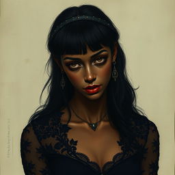 A dark-skinned woman with black hair styled in bangs, clad in an elegant black lace dress