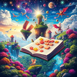 A vibrant and imaginative book cover for an adult crossword puzzle book featuring a whimsical and fantastical scene