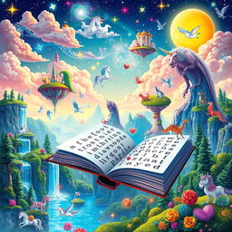 A vibrant and imaginative book cover for an adult crossword puzzle book featuring a whimsical and fantastical scene