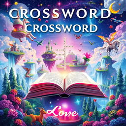 A vibrant and imaginative book cover for an adult crossword puzzle book featuring a whimsical and fantastical scene