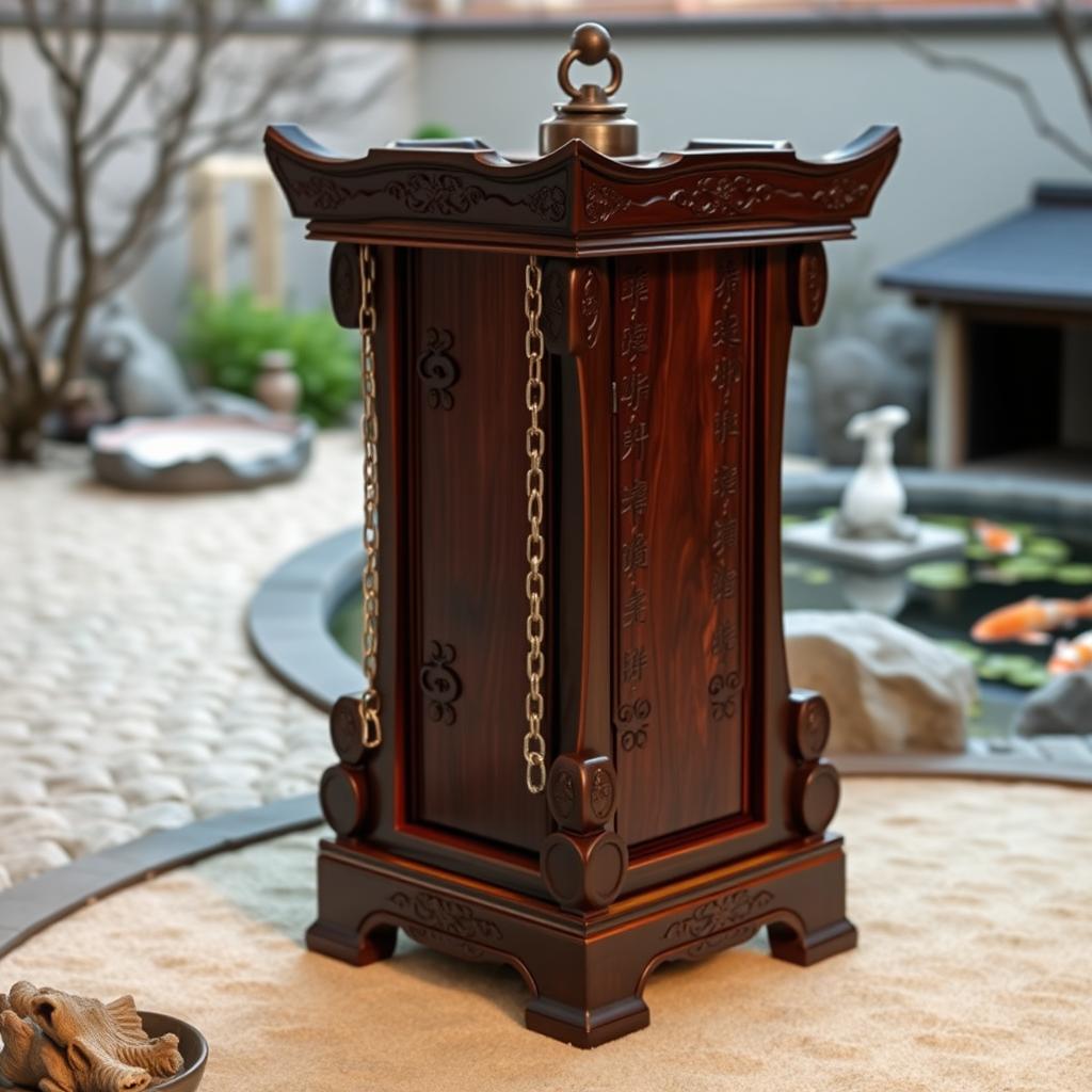 A stunning sansetsukon crafted from polished wood with a rich, dark finish, consisting of three sections connected by sturdy, gleaming silver chains