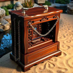 A stunning sansetsukon crafted from polished wood with a rich, dark finish, consisting of three sections connected by sturdy, gleaming silver chains