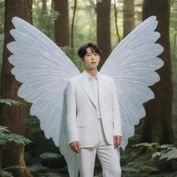 A distinctly sharp-featured Lee Heeseung from Enhypen, accentuated with large, grand white fairy wings, standing amidst the glowing flora and ancient, majestic trees of a mystical forest.