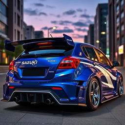 A modified Suzuki Baleno featuring a wide body kit, equipped with an aggressive rear spoiler wing and a detailed rear diffuser