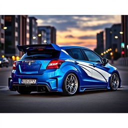 A modified Suzuki Baleno featuring a wide body kit, equipped with an aggressive rear spoiler wing and a detailed rear diffuser