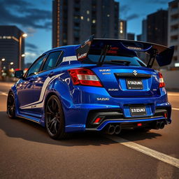 A modified Suzuki Baleno featuring a wide body kit, equipped with an aggressive rear spoiler wing and a detailed rear diffuser