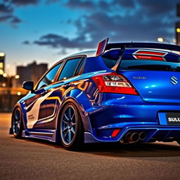 A modified Suzuki Baleno featuring a wide body kit, equipped with an aggressive rear spoiler wing and a detailed rear diffuser