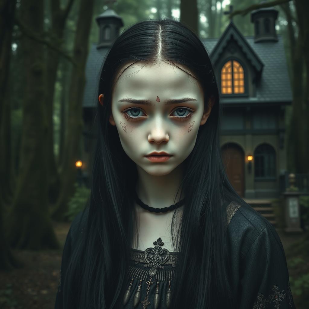 A medieval-style girl with long black hair and pale skin, standing in front of a gothic forest house