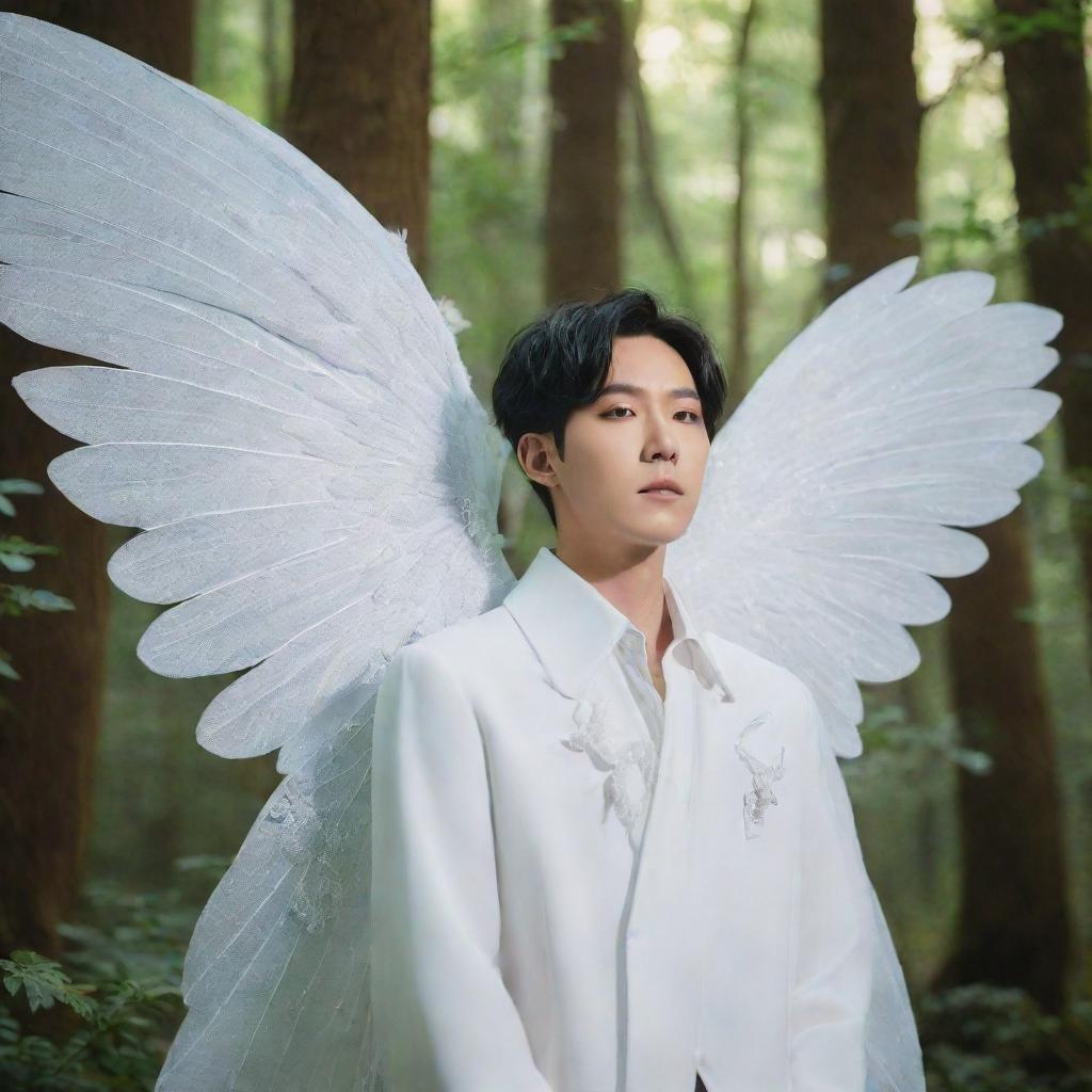 A distinctly sharp-featured Lee Heeseung from Enhypen, accentuated with large, grand white fairy wings, standing amidst the glowing flora and ancient, majestic trees of a mystical forest.