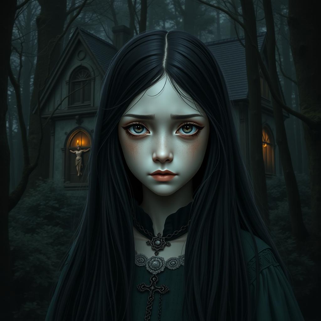 A medieval-style girl with long black hair and pale skin, standing in front of a gothic forest house