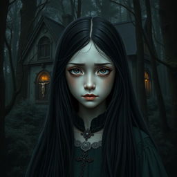 A medieval-style girl with long black hair and pale skin, standing in front of a gothic forest house