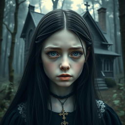 A medieval-style girl with long black hair and pale skin, standing in front of a gothic forest house