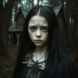 A medieval-style girl with long black hair and pale skin, standing in front of a gothic forest house