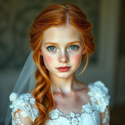 A beautiful girl with long ginger hair, her skin sprinkled with charming freckles