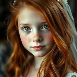 A beautiful girl with long ginger hair, her skin sprinkled with charming freckles