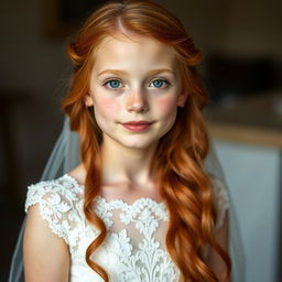 A beautiful girl with long ginger hair, her skin sprinkled with charming freckles